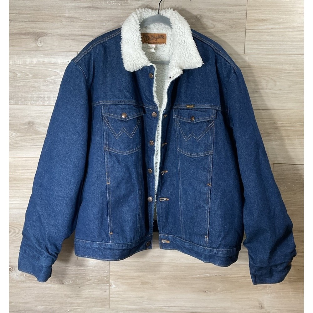 Vintage Wrangler Men's Fleece Lined Blue Jean Jacket Size 2XL Button Pockets